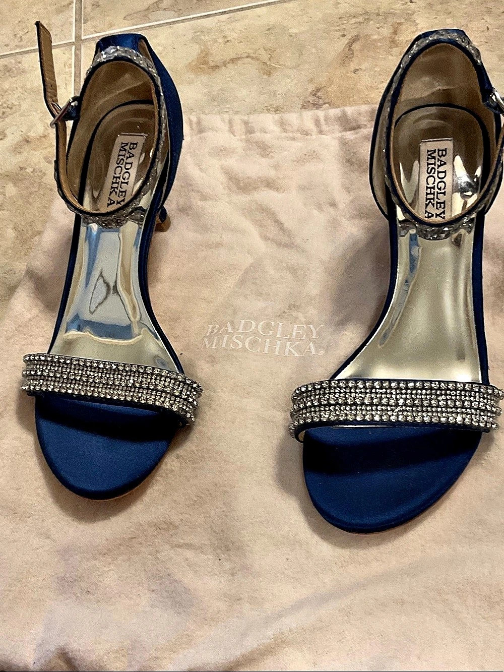 Badgley Mischka Crystal Strap Satin Heels Blue US 6